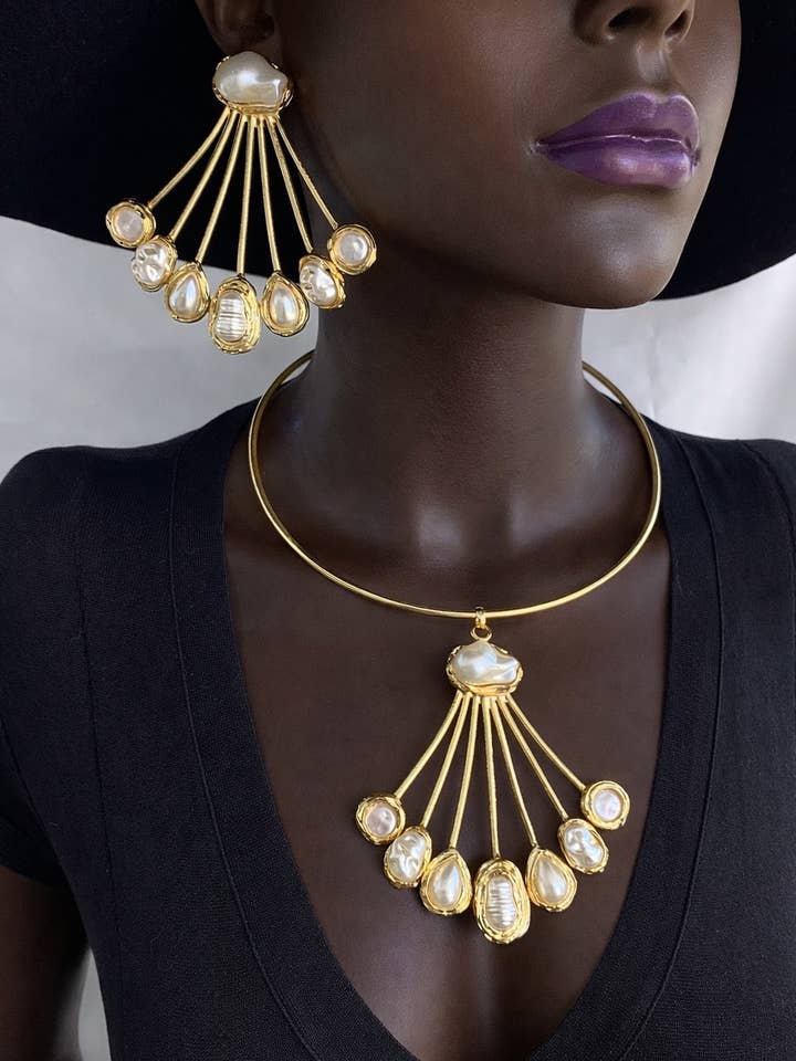 Gold Plated Baroque Glass Pearl Jewelry Set for wholesale by BUBU BY TEKIN SHOP