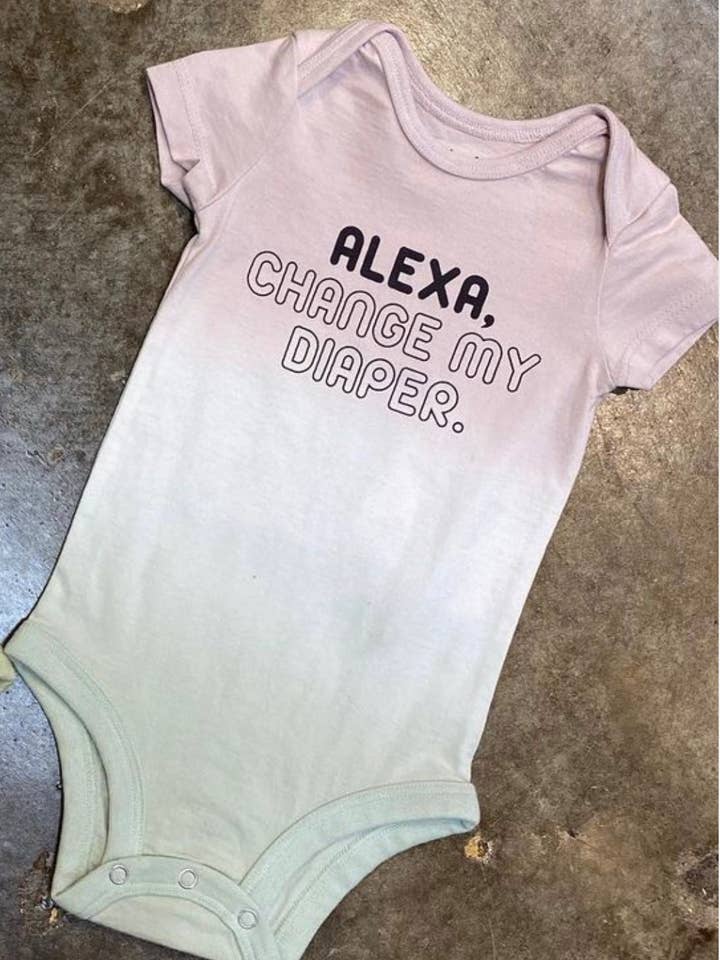 Alexa Change My Diaper Dip Dye Onesie for wholesale by Rainbow and Rocket