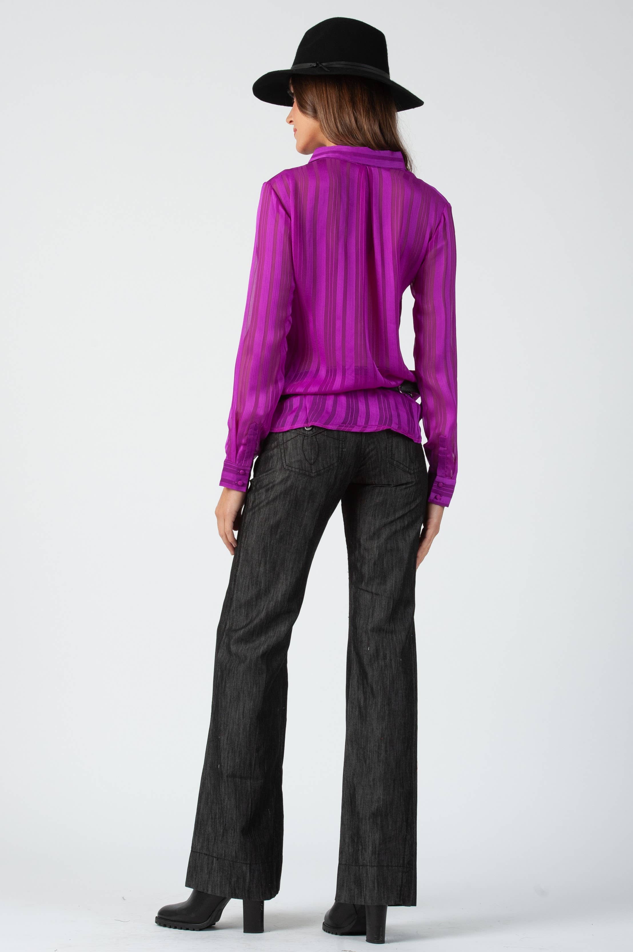 Lucca Couture - Wholesale Blouse - Women's - Sheer Shadow stripe Fuschia Blouse2