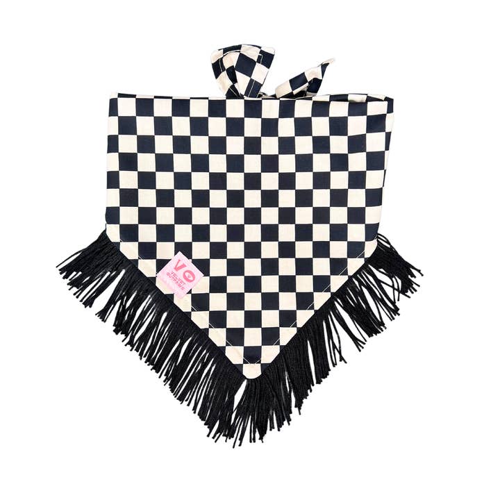 Velvet Outlaw - Wholesale Pet Bandana - Dog - Black & White Checker with Black Fringe Dog Bandana