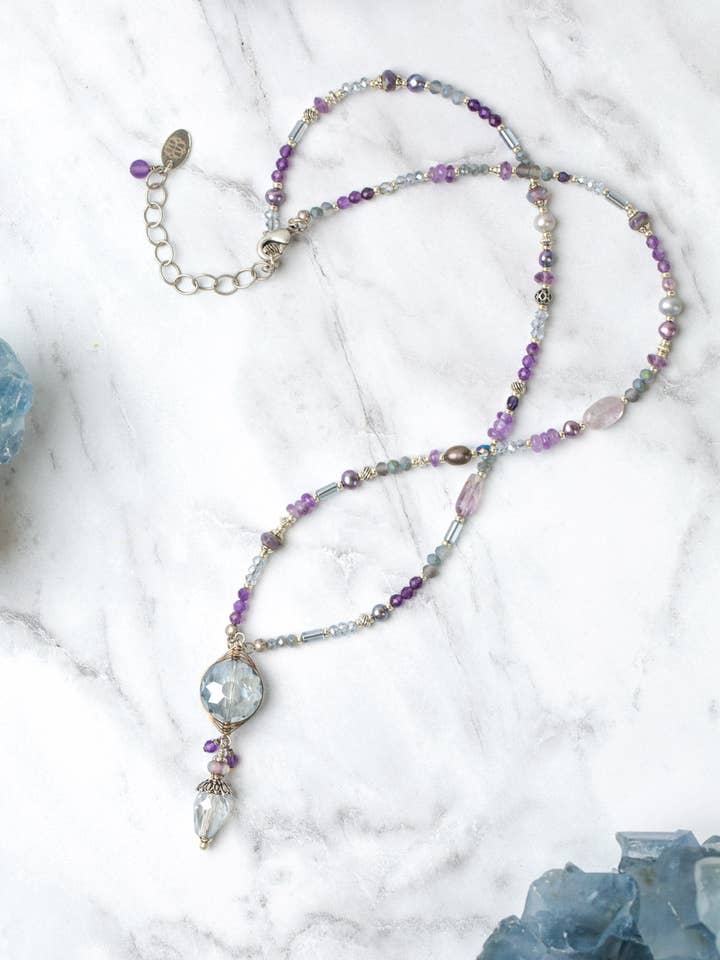 Reflections 20.5-22.5" Crystal Herringbone, Amethyst, Czech Glass Collage Necklace for wholesale by Anne Vaughan Designs Jewelry