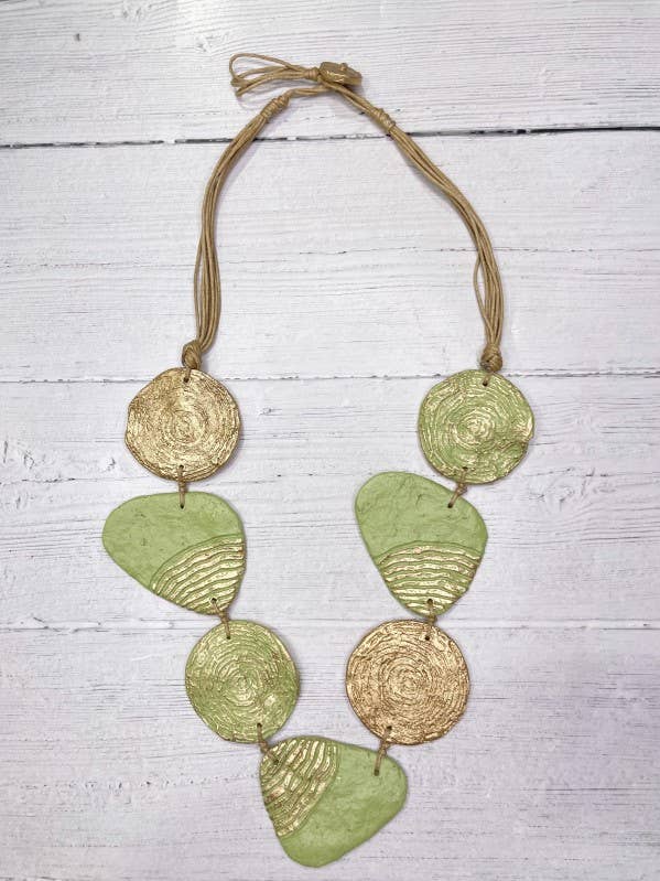 Alisha.D Lime & Gold Multi Shape Paper Mache Long Necklace for wholesale by LIOR / ALISHA D