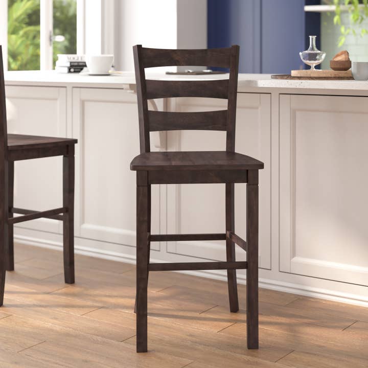 2PK Ladderback Gray Wash Walnut Solid Wood Bar Stools for wholesale by Flash Furniture