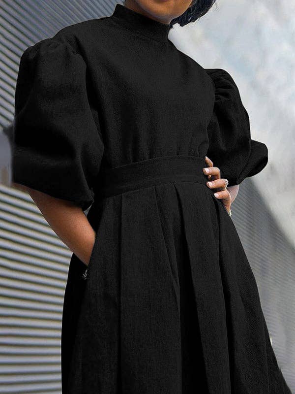 Vogue Vengeance - Wholesale Dress - Women's - A-Line Puff Sleeves Pleated Pockets Solid Color Split-Joint Mock Neck Midi Dresses