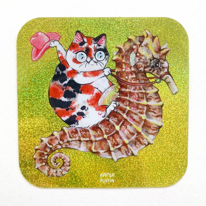 Cowboy Cat SeahorseĀ Glitter Sticker for wholesale by Paper Puffin