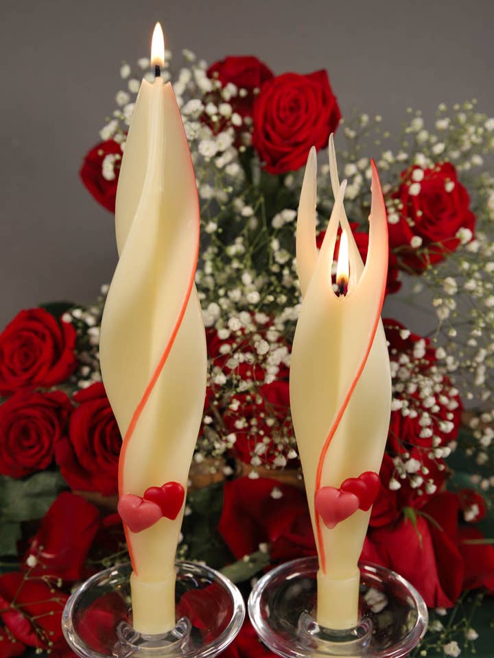 Pink & Red Heart on Ivory Silhouette Pair of Beeswax Candles for wholesale by Summerfield Candles
