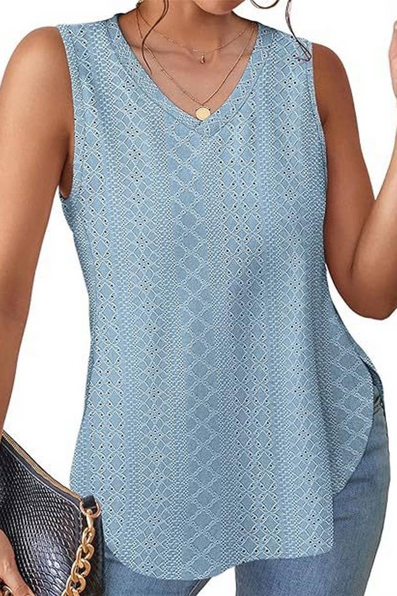 Lily Clothing - Wholesale Tunic - Women's - V NECK SLEEVELESS SLIT SOLID COLOR CASUAL SHIRT_CWTSTSL00696