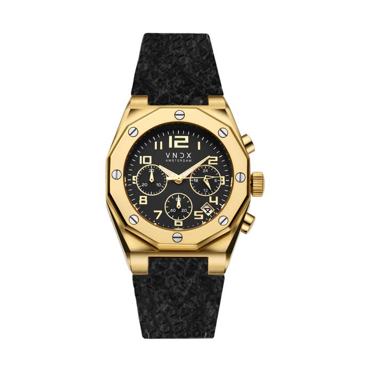 The One Snake Black Gold - Montre en cuir imprimé serpent par VNDX Amsterdam pour la vente par VNDX Amsterdam