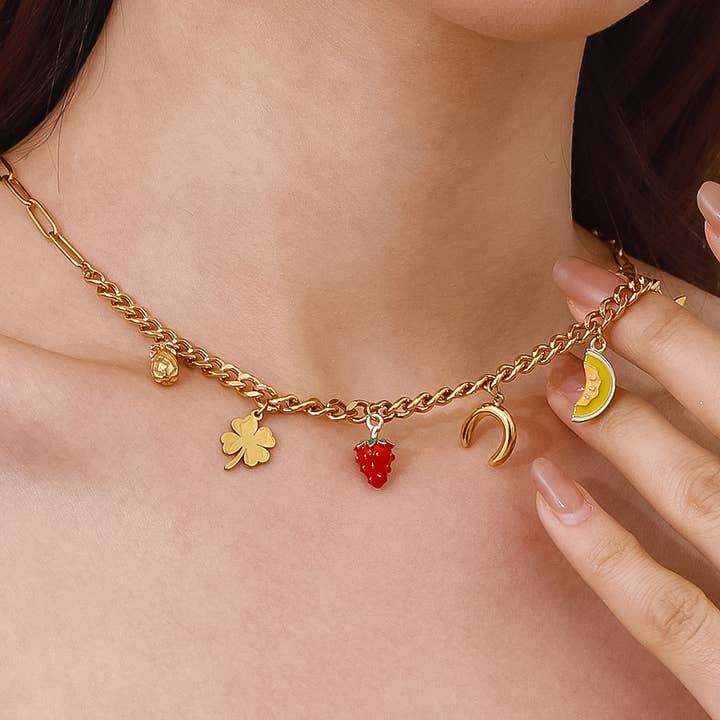 Multi Colored Marinha 18K Gold Non-Tarnish Fruit and Charms Necklace for wholesale on Faire