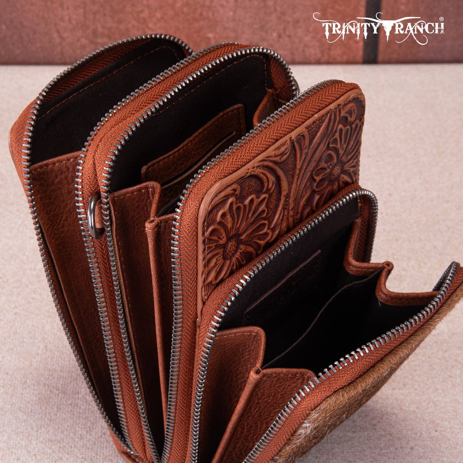 REMOVED BRAND - Wholesale Crossbody Bag - Women's - TR159 -183  Trinity Ranch Genuine Hair-On Cowhide /Tooled  Collection Phone Purse with Coin Pouch24