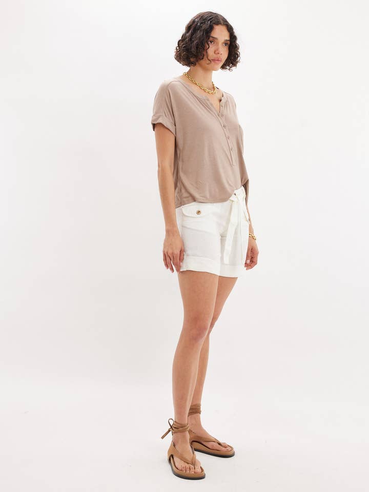 Enid Three Quarter Button Tee - Taupe for wholesale on Faire6