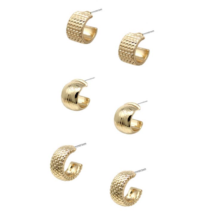 What's Hot - Wholesale Jewelry Set - Gold Set of 3 Textured Huggie Hoop Earrings
