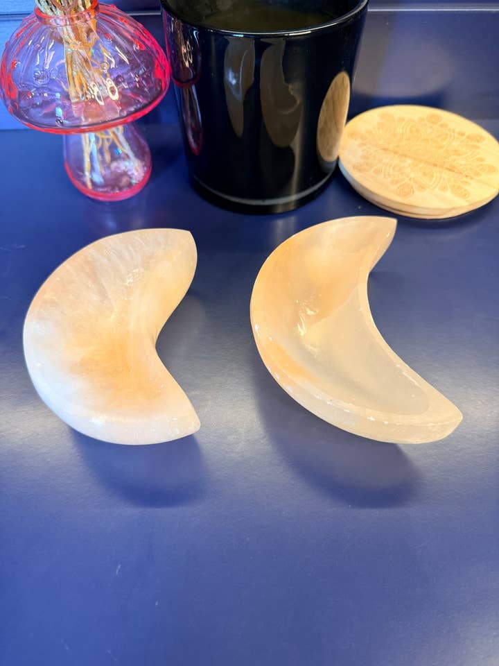 Peach Selenite Moon Bowl for wholesale by Chaotic Crystal Chick Co.