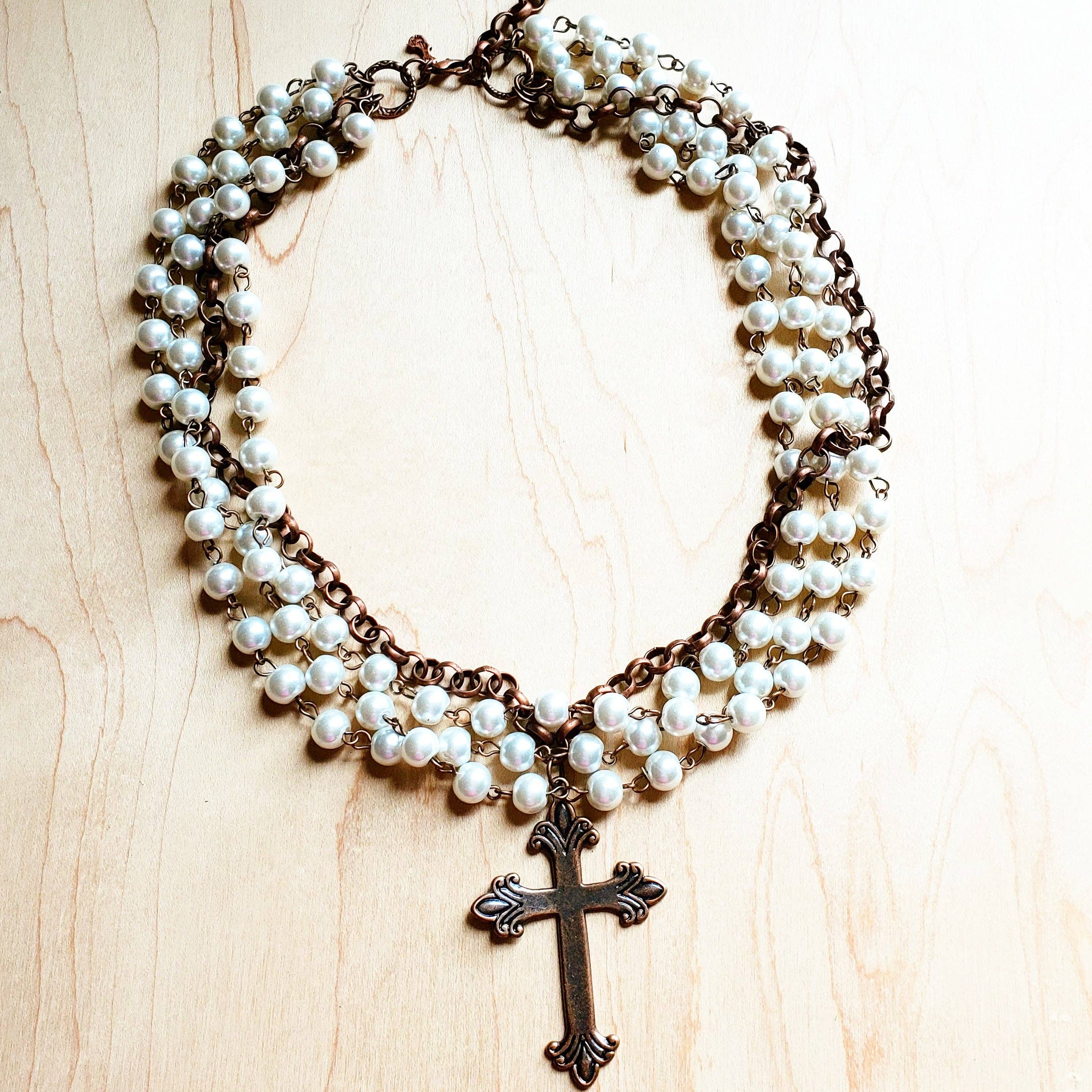The Jewelry Junkie - Wholesale Pendant/Charm Necklace - Pearl and Copper Beaded Collar Necklace with Copper Cross 114G4