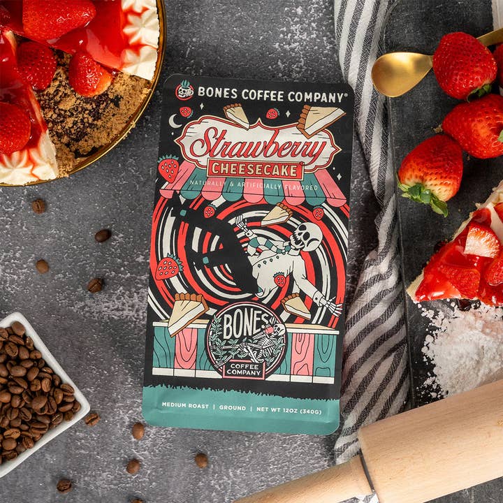 Bones Coffee Company - Wholesale Coffee Beans - Strawberry Cheesecake Flavored | 12oz | Whole Bean & Ground