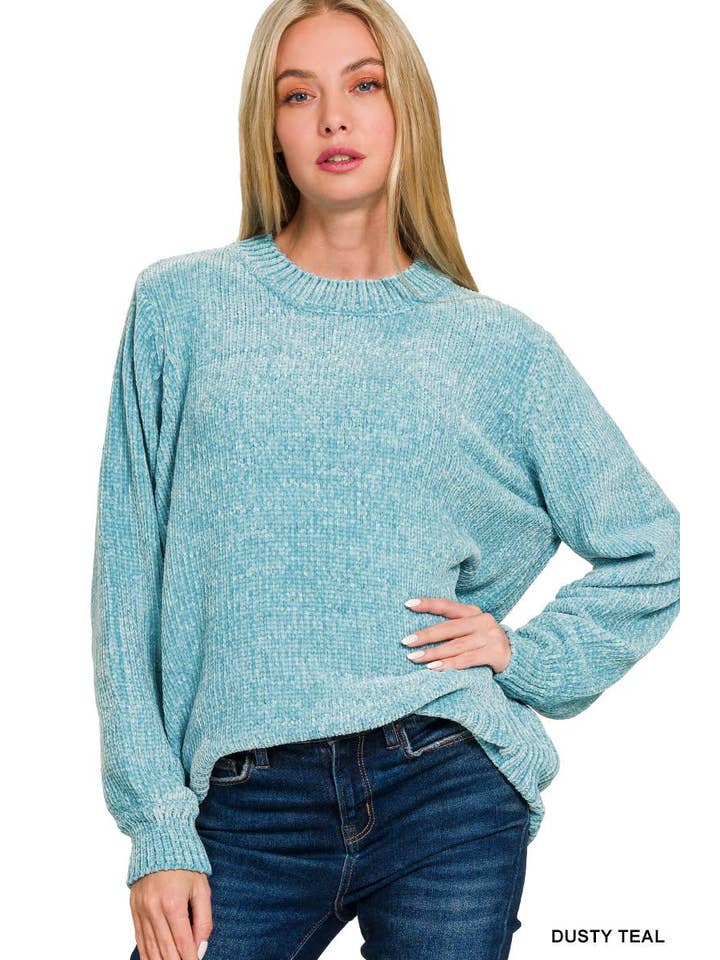 Vanilla Monkey - Wholesale Knit Sweater - Women's - Round Neck Balloon Sleeve Chenille Sweater4