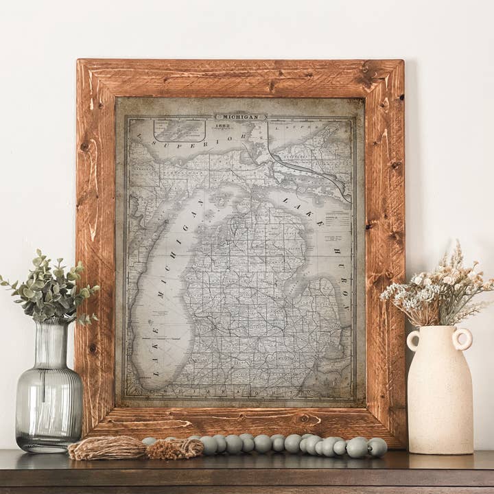 Mapa Vintage do Michigan 1882 emoldurado Arte Antiga dos Grandes Lagos por atacado de Swinford Designs