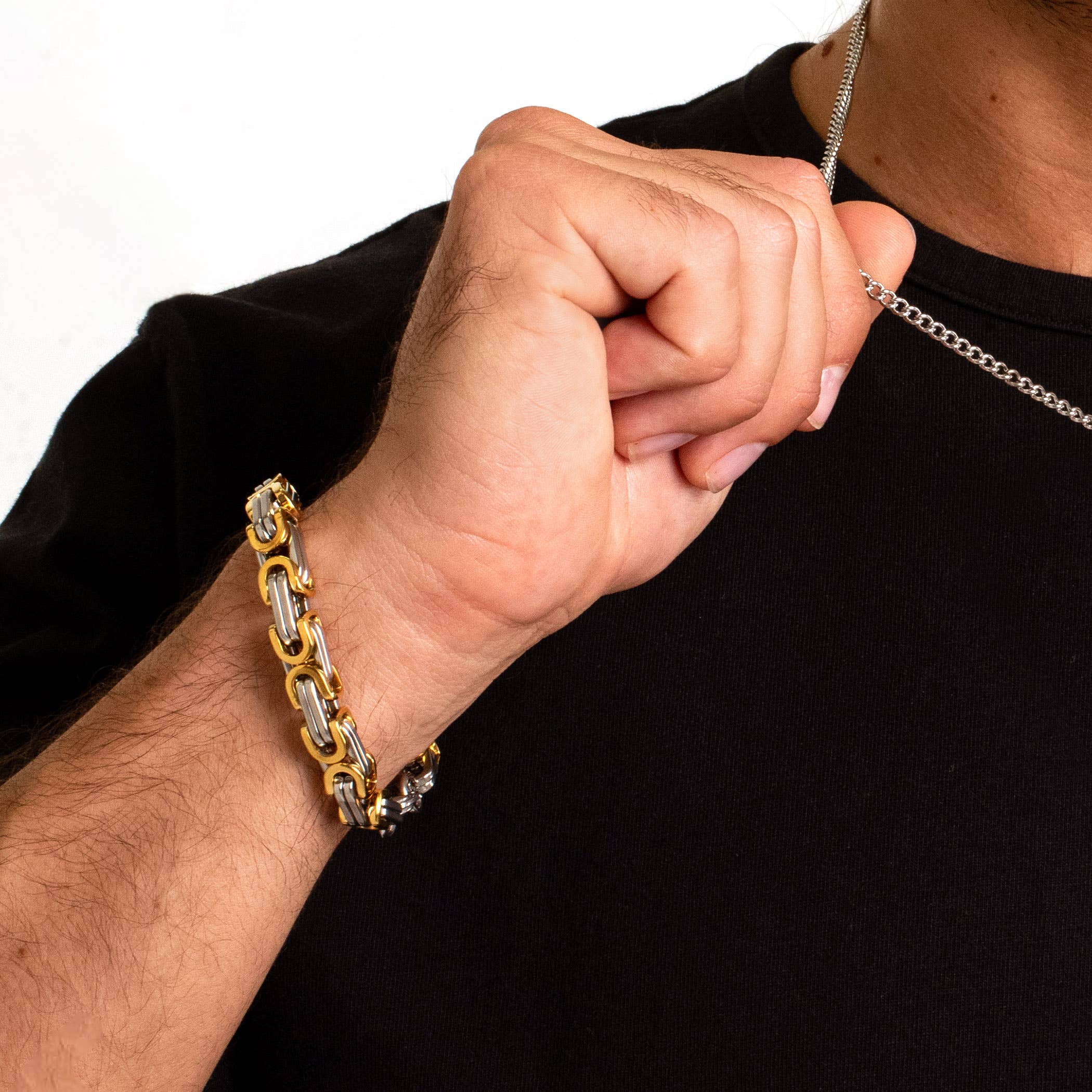 West Coast Jewelry - Vente Bracelets maillon et chaîne - Bracelet à chaîne byzantine en acier inoxydable bicolore1