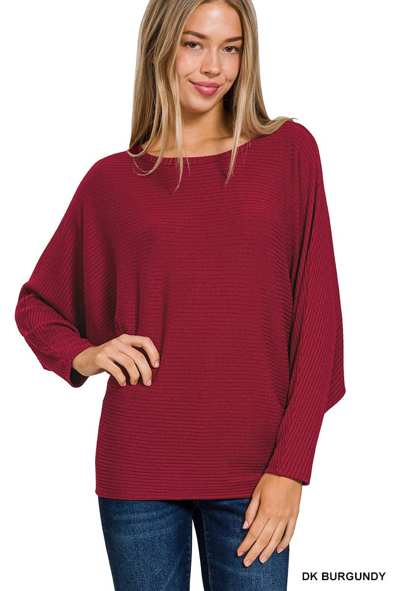 42POPS - Wholesale Knit Sweater - Women's - `.Ribbed Batwing Long Sleeve Boat Neck Sweater21