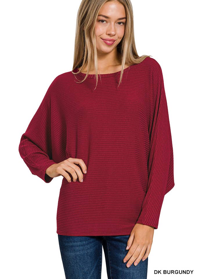 42POPS - Wholesale Knit Sweater - Women's - `.Ribbed Batwing Long Sleeve Boat Neck Sweater21