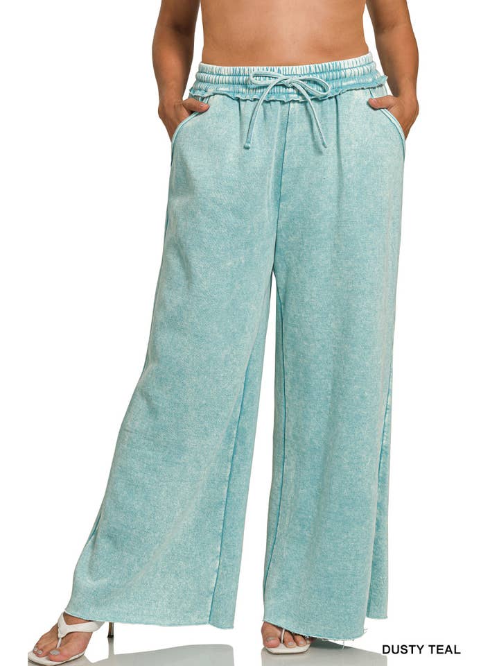 DAMMIG BLÅGRÖN Plus syra-tvättade fleece palazzo-sweatpants med fickor för wholesale på Faire3