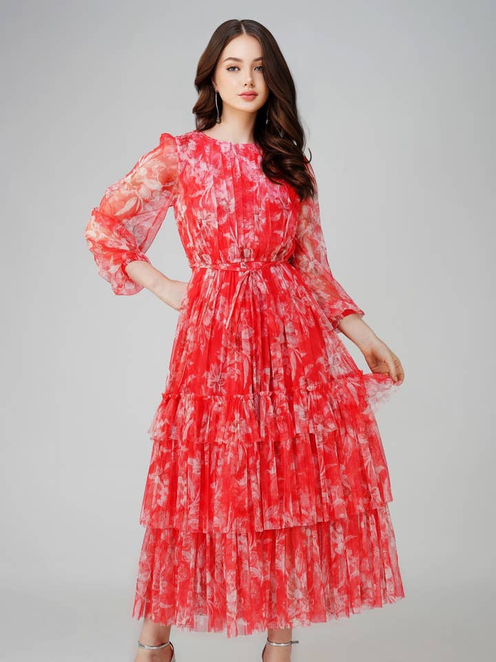 Rebecca Midi Dress in Red Print for wholesale on Faire