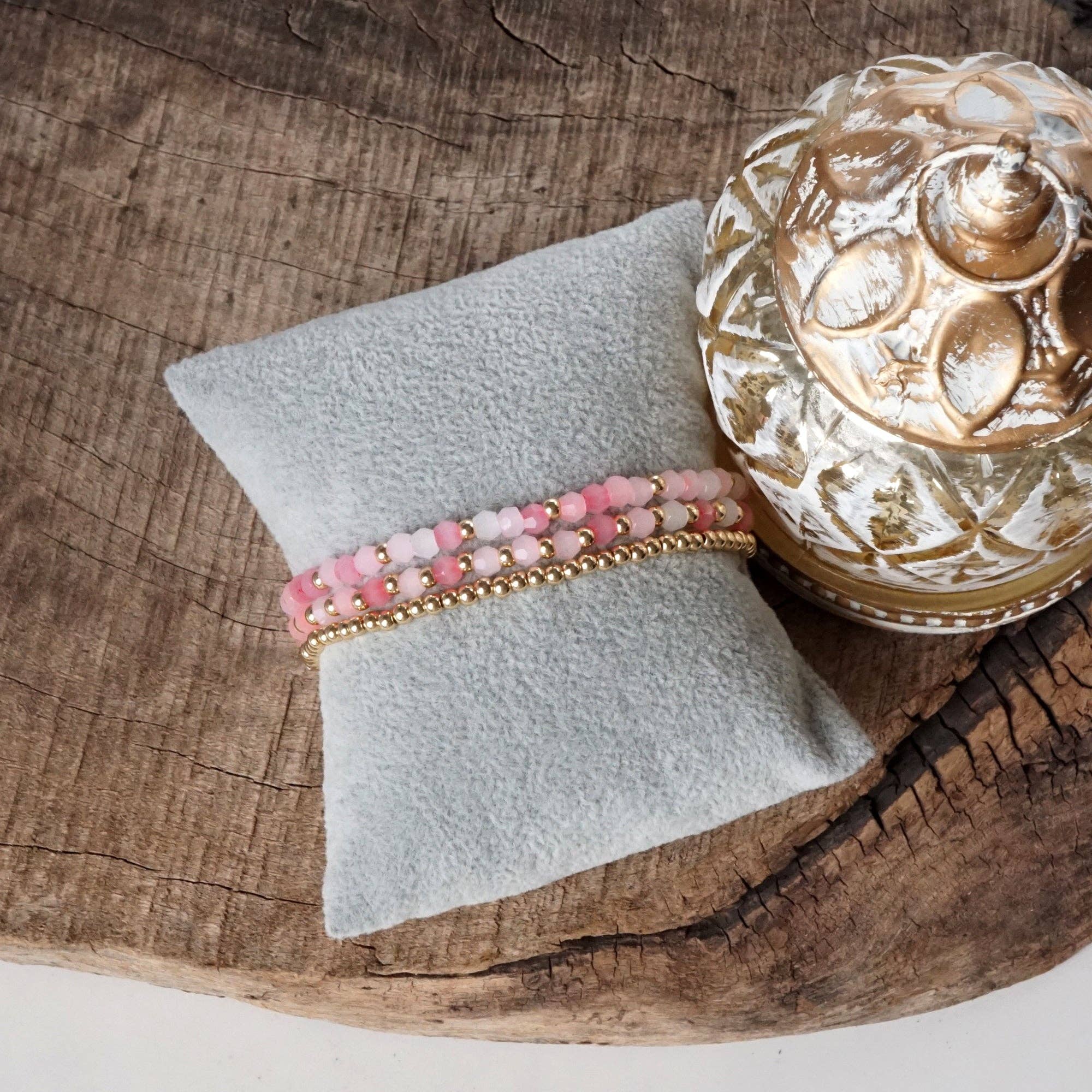 PennyLine inc - Wholesale Beaded Bracelet - Small Gold tone and Glass beads bracelet stack of 3 bracelets - Pink Mint Multi3