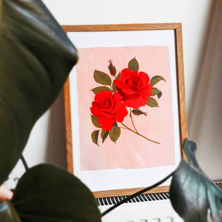 Pink and Red Rose Painted Botanical Print, Unframed for wholesale by Annie Dornan Smith