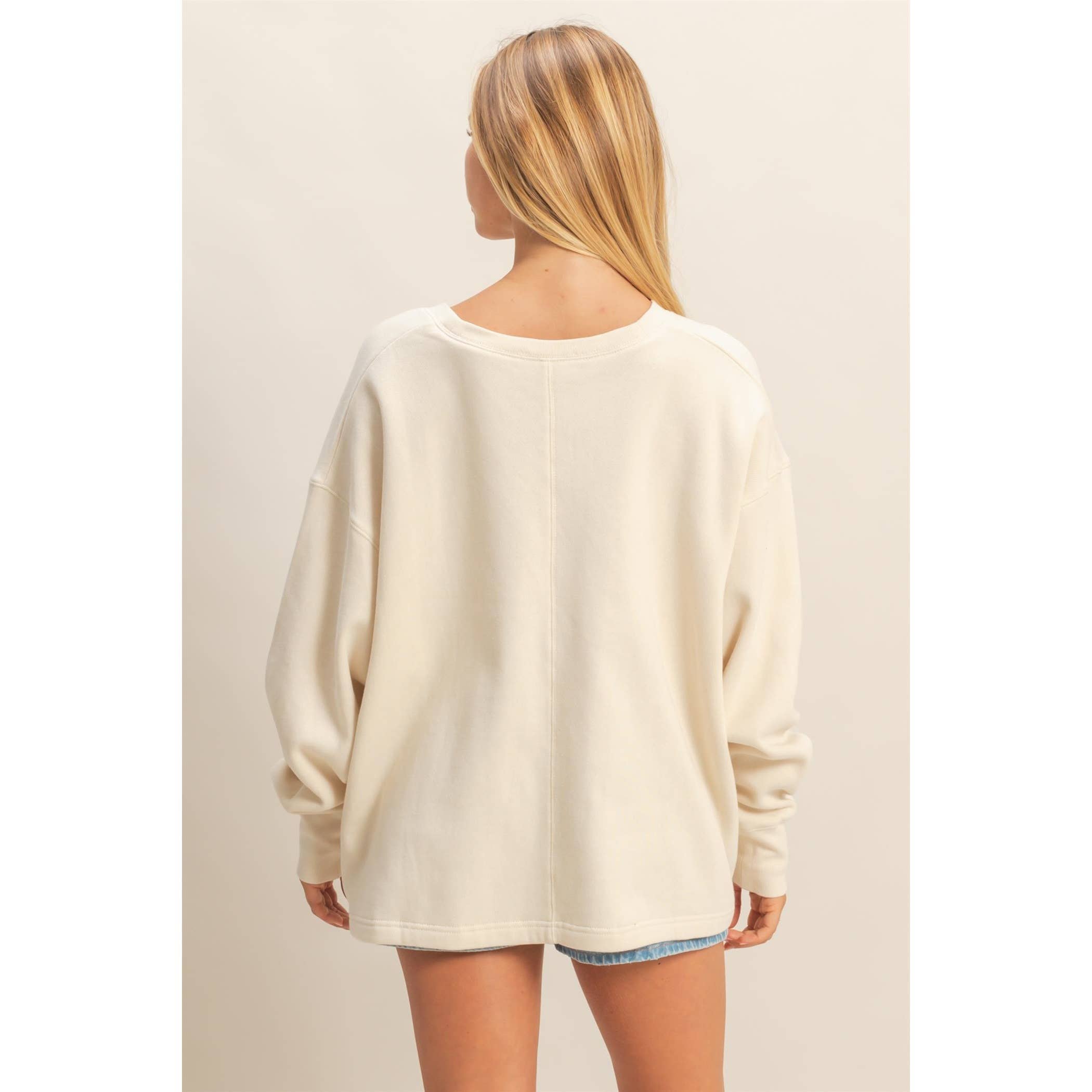Double Zero - Wholesale Sweatshirt - Women's - Oversized V-Neck Sweatshirt With Raw Edge Detail6