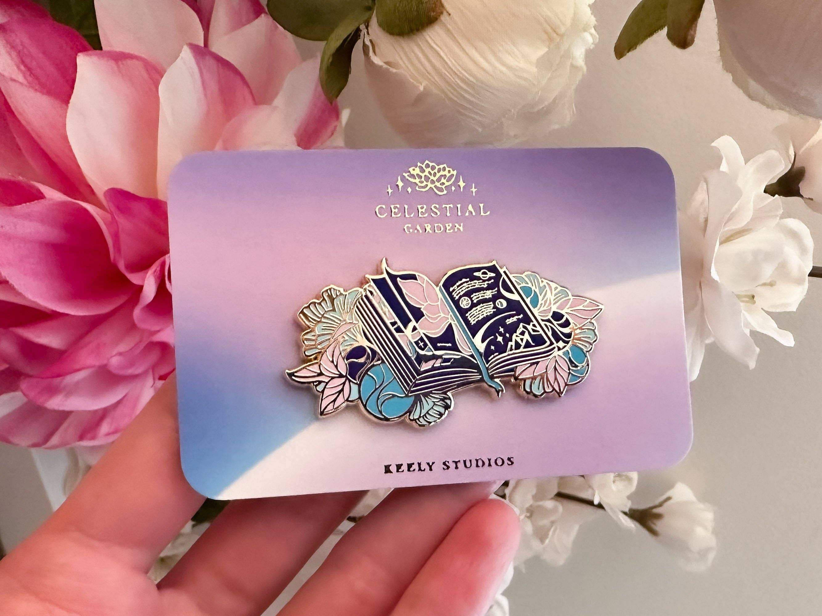 Keely Studios - Wholesale Lapel Pin/Button - Gold Tome of Celestial Gardening Hard Enamel Pin3