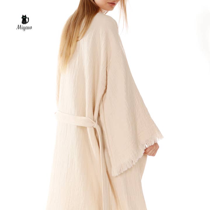 Beige Bohemian Cotton Plain Kaftan Kimono with Fringes for wholesale on Faire