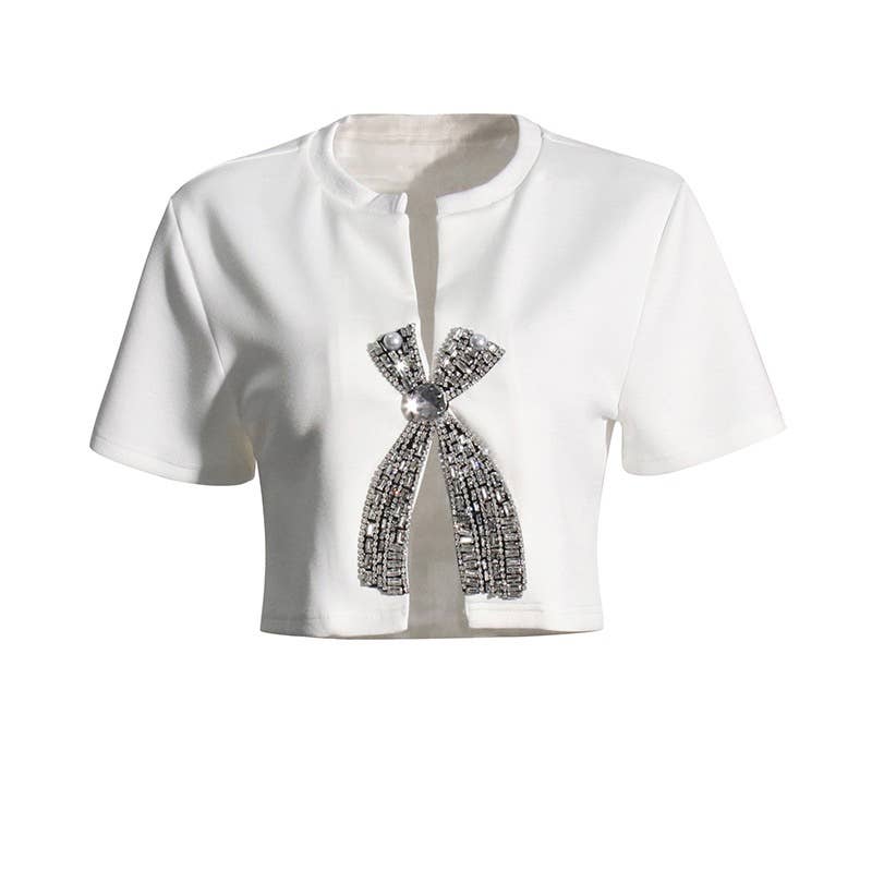 Productseeker - Wholesale Blouse - Women's - TP005 New Diamond Sequined Bow Cropped Top T-shirt2