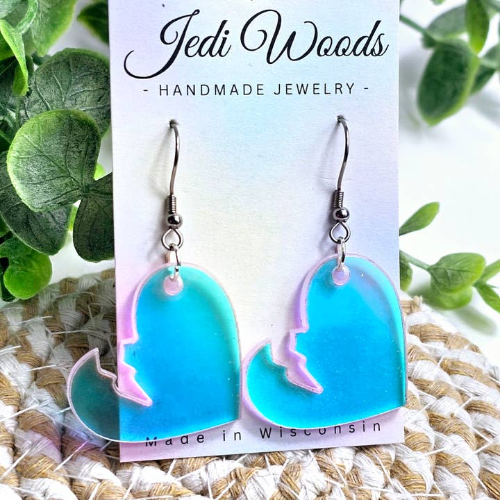 Jedi Woods LLC - Wholesale Dangle Earrings - Iridescent Broken Heart Earrings