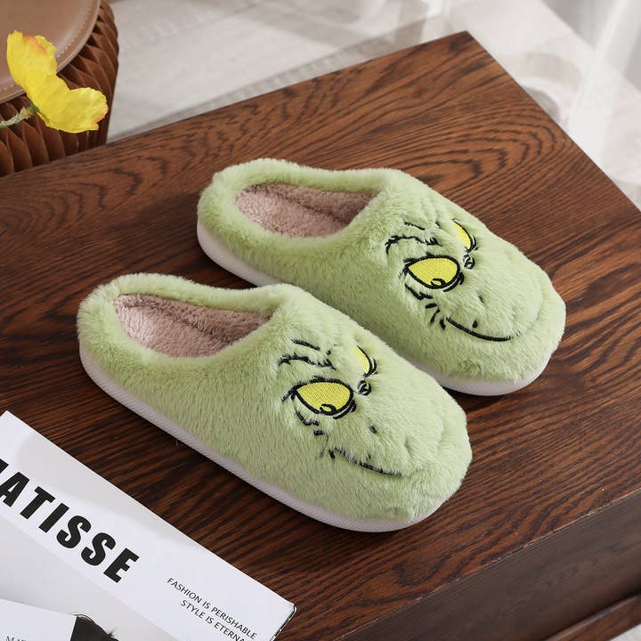 Green Christmas Grinch Plush Home Fuzzy Slippers for wholesale on Faire