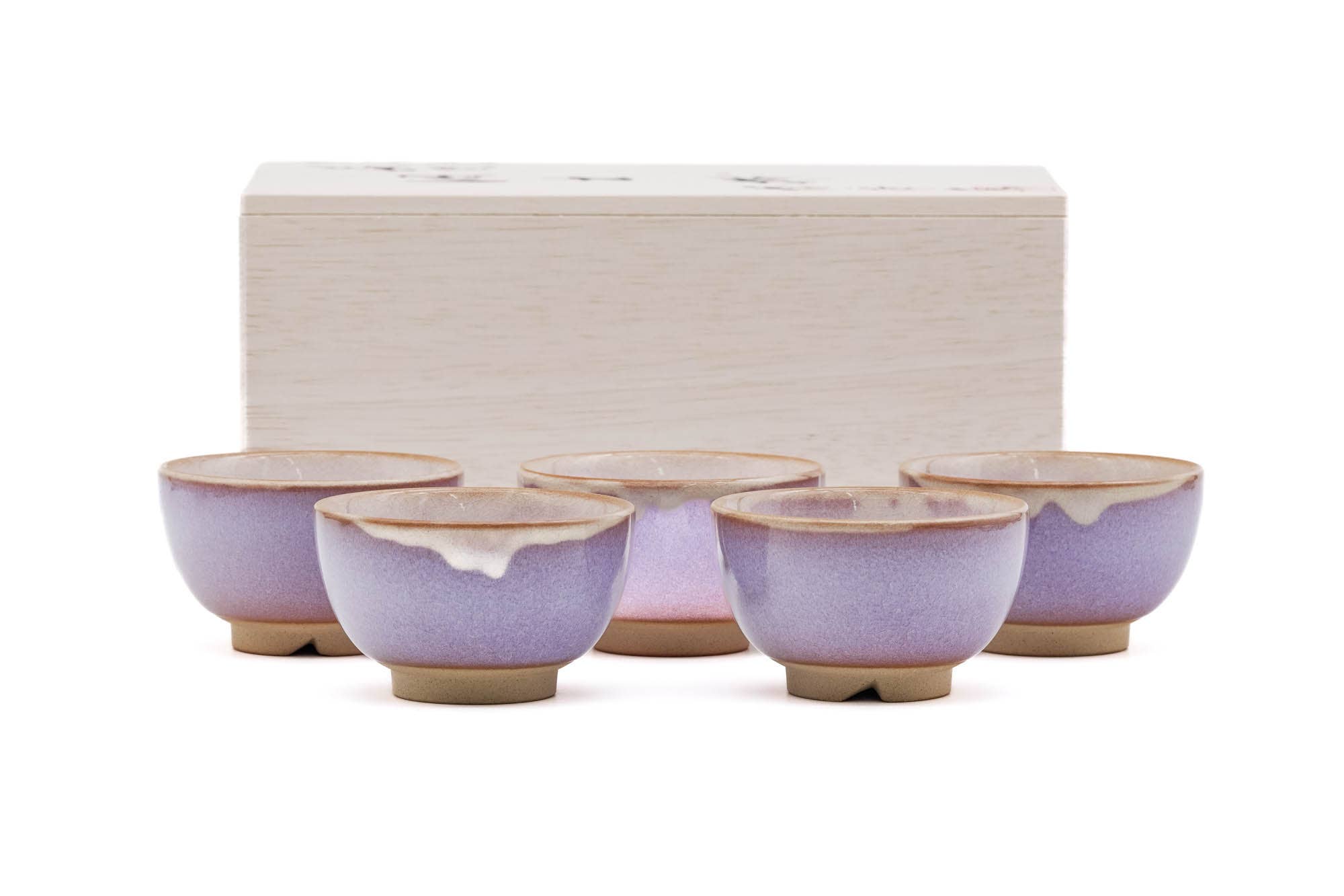 Tezumi - Wholesale Coffee/tea cup - Japanese Teacups - 椿秀窯 Tsubakihide Kiln - Wooden Box Set of 5 Purple Drip-Glazed Hagi-yaki Yunomi - 100ml