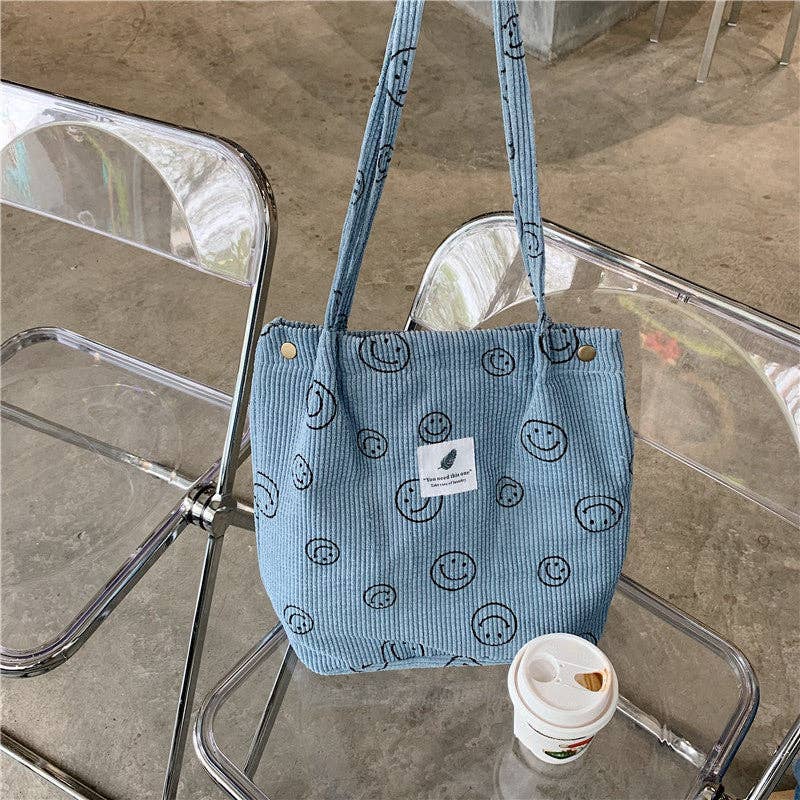 Funkyrel® Atzbranding Limited - Wholesale Tote Bag - Women's - Vintage Corduroy Smiley Face Shoulder Tote Bag0