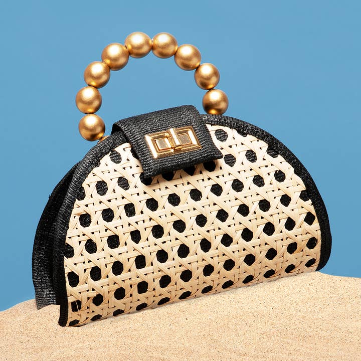 Soli & Sun - Vendita all'ingrosso Borsa con manico - Donna - Pochette Nera in Paglia | Manico con Perline Dorate | Stile Vacanza0