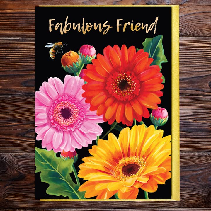 Gerbera Fabulous Friend Blank Card With Gold Type for wholesale by Rocket 68
