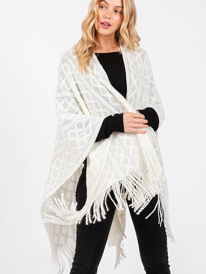 Hana – wholesale Cardigan – Women’s – Diamond Pattern Tassel Knit Ruana Winter Cardigan24