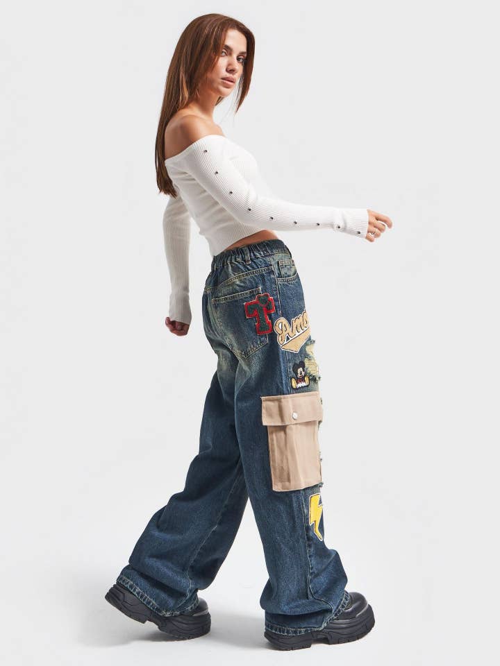 Mörkblå Lapptäcke vintage jeans med bred ben för kvinnor med låg midja för wholesale på Faire