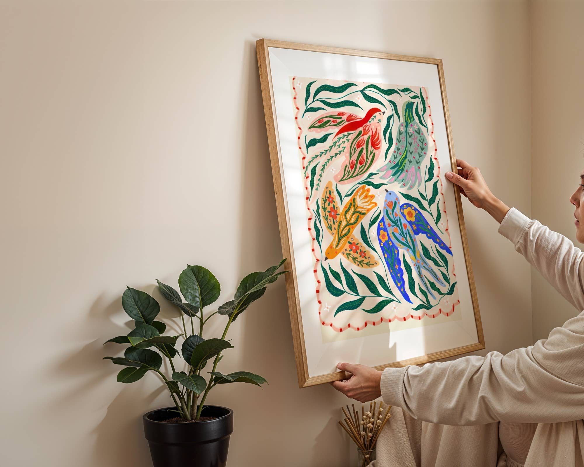 Kate Fox Design – Impressão artística por atacado – Ilustração de Pássaros Pequenos / Arte Botânica para Quarto Infantil1