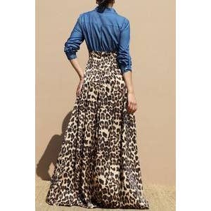 LEOPARDO Vestido maxi com parte superior em denim e saia com estampa de leopardo para venda a revendedores na Faire3