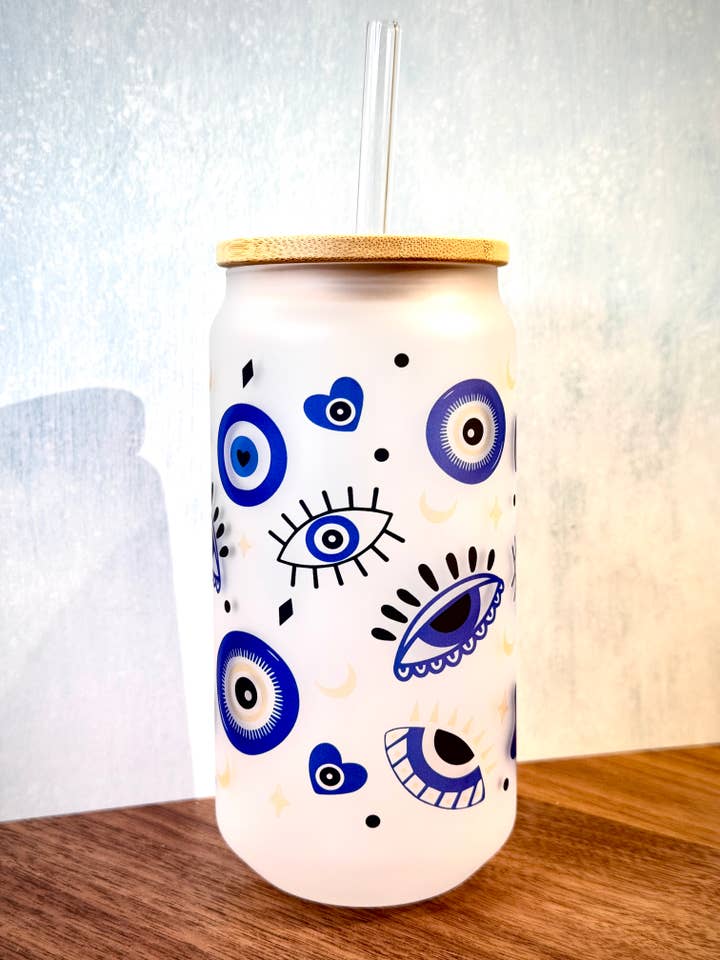 16oz Evil Eye Frosted Glass Tumbler with Straw for wholesale by Wicks and Whims