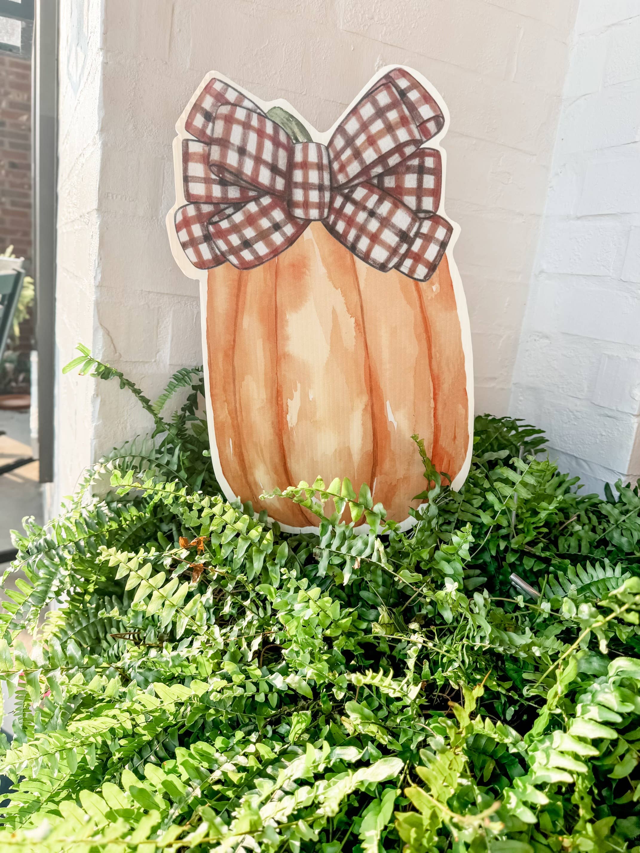 Lovely Reese - Wholesale Outdoor Sign - Brown Gingham Bow Pumpkin 0