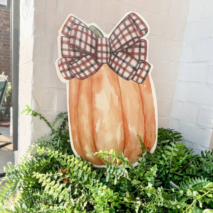 Lovely Reese - Wholesale Outdoor Sign - Brown Gingham Bow Pumpkin 0