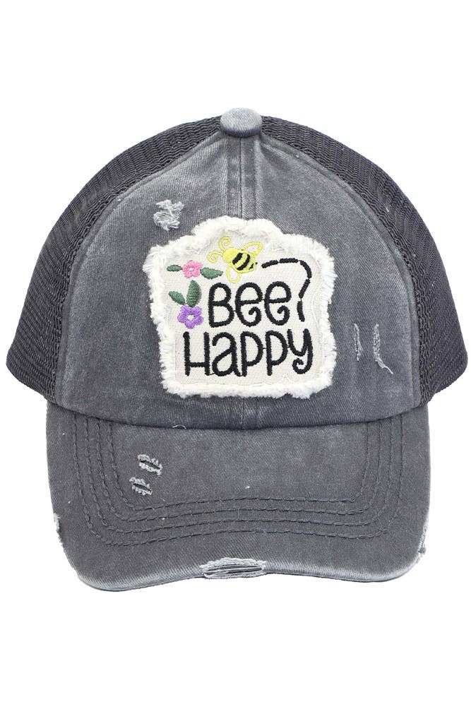Hana - Wholesale Baseball Cap - Kids - C.C Kids Distressed Bee Happy Patch Pony Cap0