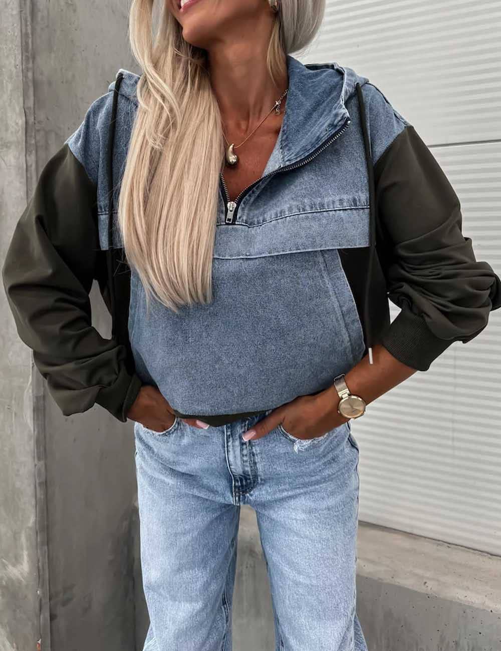Dipped Shop - Wholesale Hoodie - Women's - Trendy Splice Color Block Washed Denim Hoodie DP25E7632
