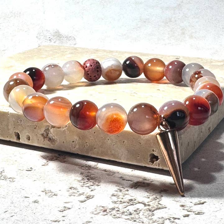 Orange Sardonyx Gemstone Bracelet with Rose Gold Point Charm Lava Stone | Handmade in the UK for wholesale by STOSA