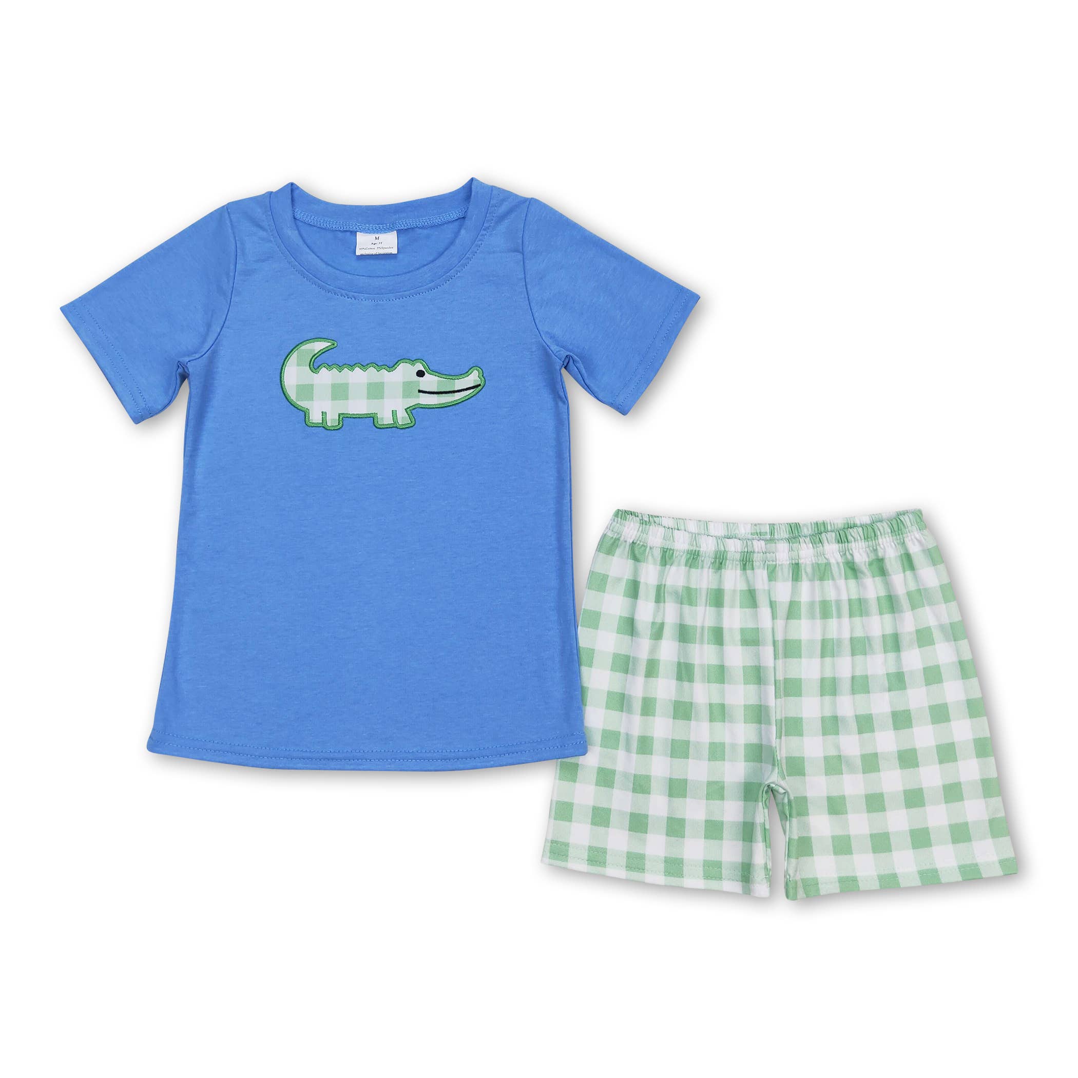 Yawoo Garments - Wholesale Top & Short Set - Kids - Crocodile embroidery top plaid shorts baby kids clothing set1