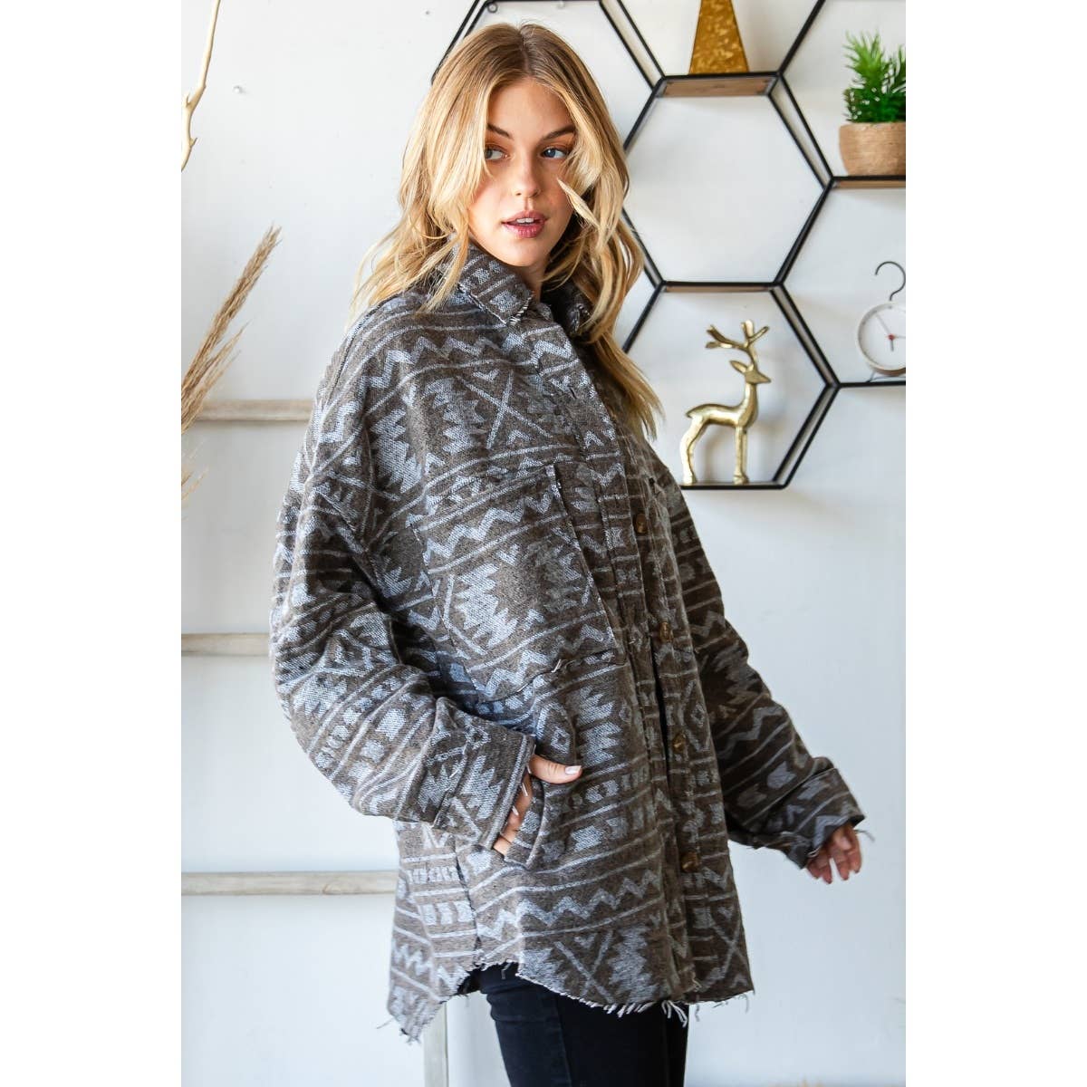 Grey Oilve Oversize Aztec Long Fit Jacket for wholesale on Faire6